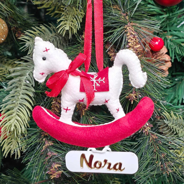 Personalized Handmade Snowy Rocking Horse Felt Ornament