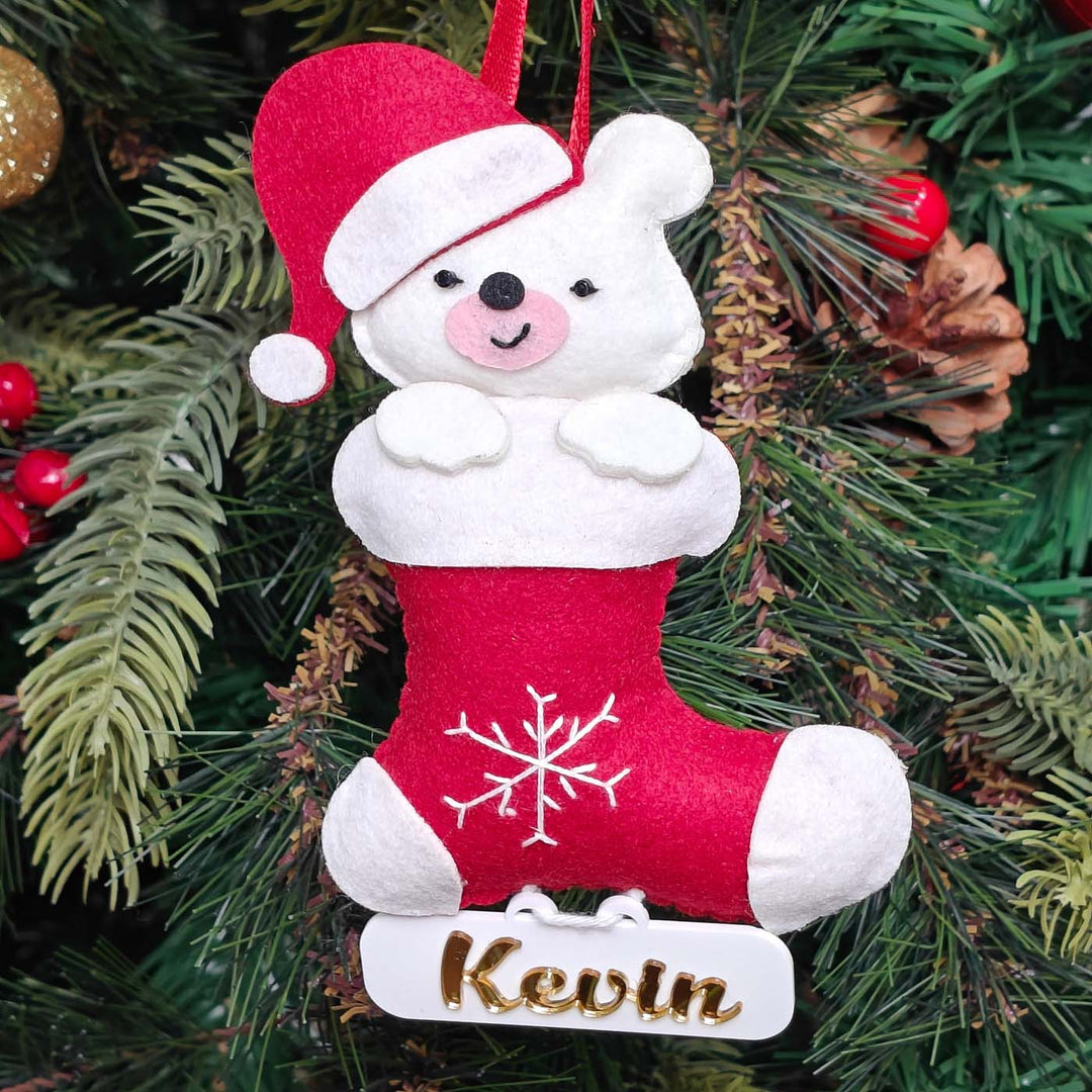 Personalized Handmade Snuggle Bear Stocking Felt Ornament