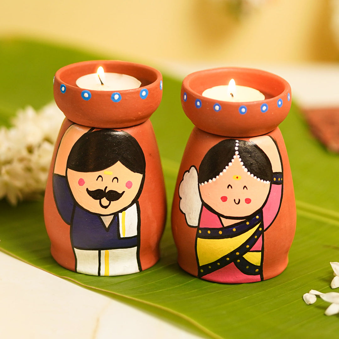 Handpainted Clay Tealight Holders with South Indian Couple Set of