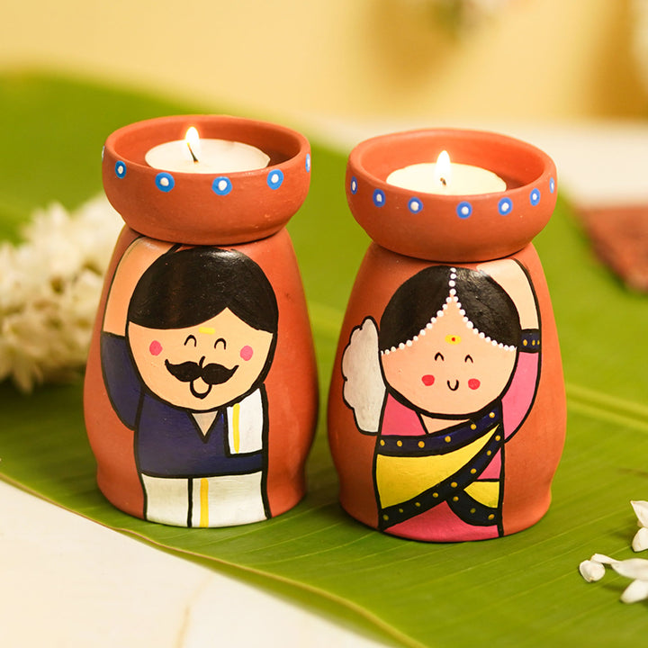 Handpainted Clay Tealight Holders with South Indian Couple | Set of 2