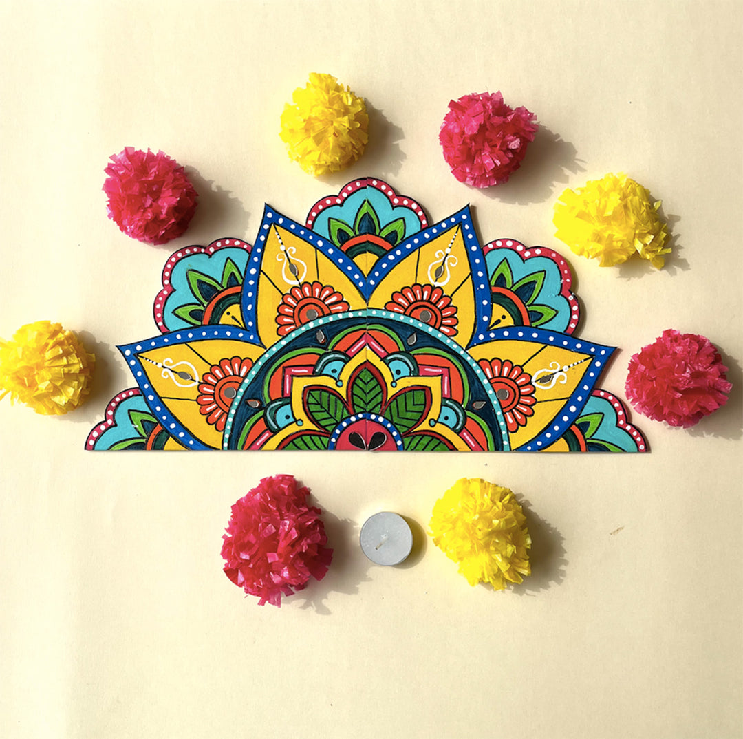 2 Pc | Hand-Painted Blue & Yellow Half Mandala Split Kolam Mdf Rangoli With Mirror Work For Festive Decor