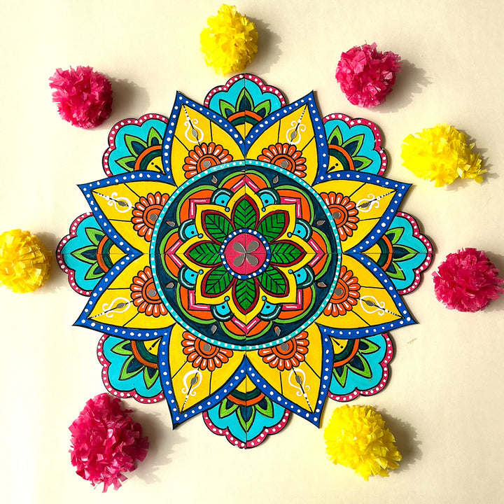 4 Pc | Hand-Painted Blue & Yellow Split Kolam Mdf Rangoli For Festive Decor