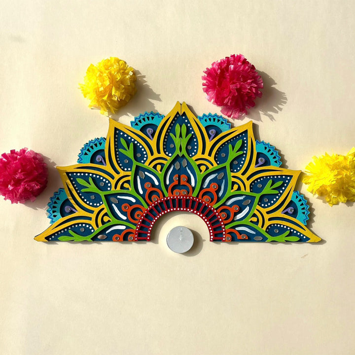 2 Pc | Hand-Painted Blue & Yellow Half-Moon Lippan Art Mdf Split Rangoli For Festive Decor