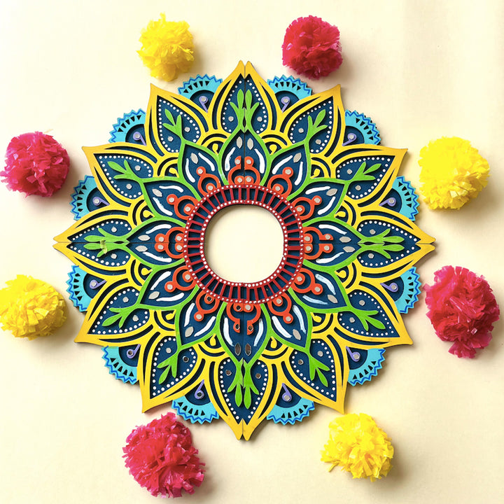 4 Pc | Hand-Painted Blue & Yellow Floral Lippan Art Mdf Split Rangoli For Festive Decor