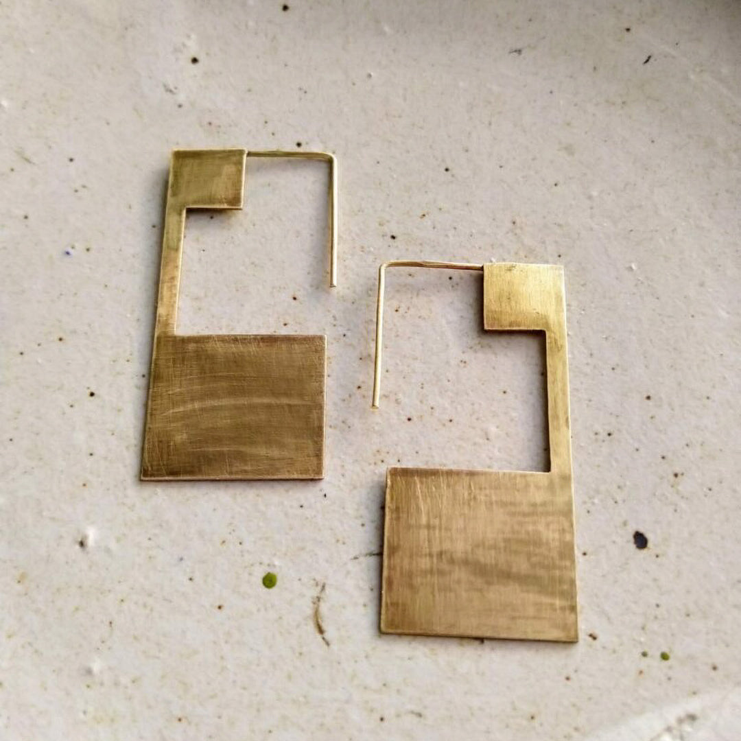 Statement Square Gold Plated Brass Earrings