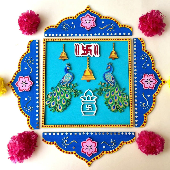 1 Pc Square & 4 Pc Border | Hand-Painted Peacock Pooja Chowki Rangoli For Festive Decor