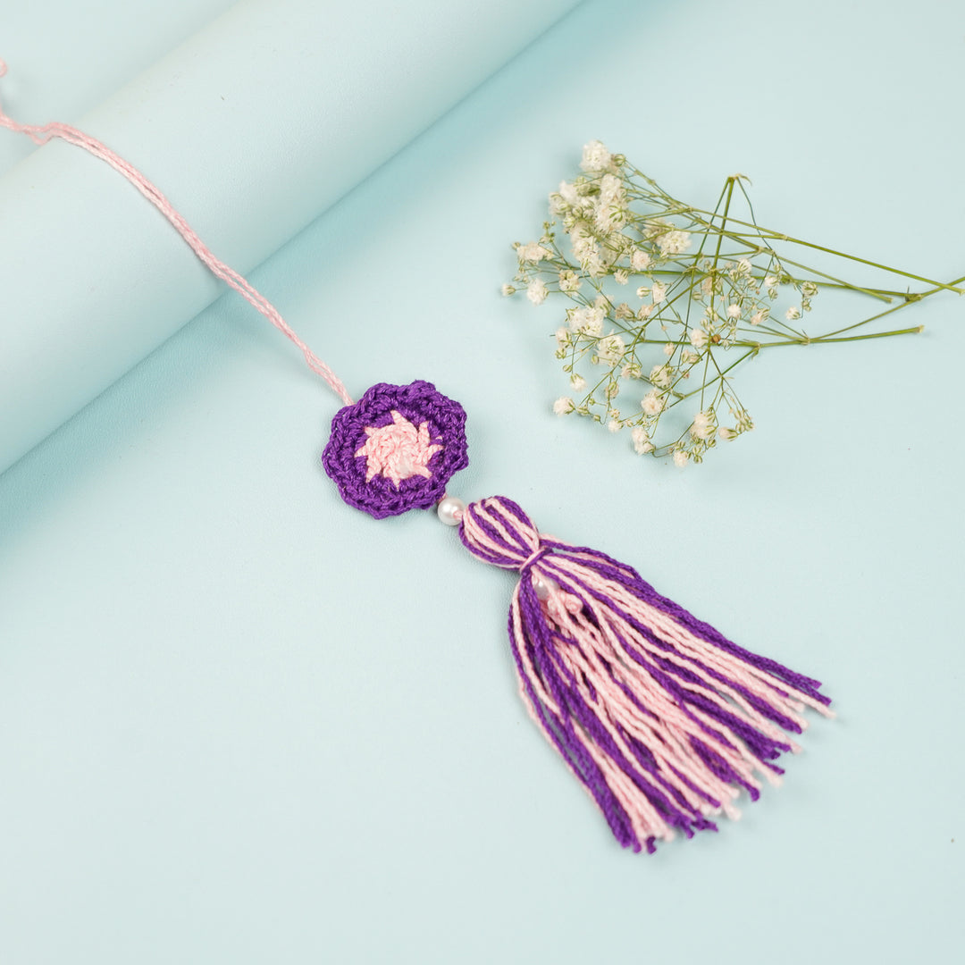 Handmade Crochet Purple Floral And Beads Rakhi With Roli Chawal For Bhaiya Bhabhi And Kids - Tassel with Flower Focus