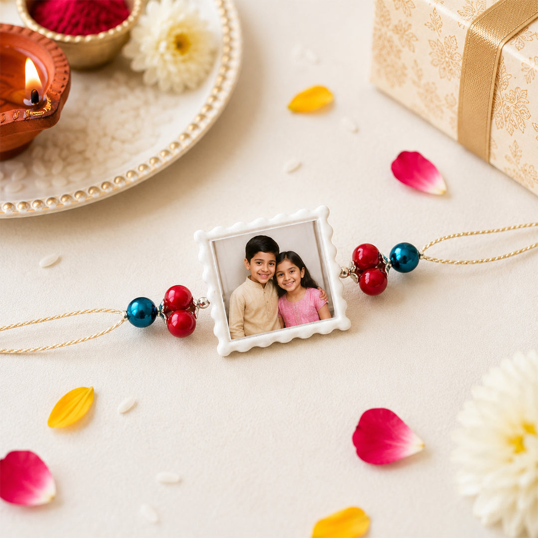 Personalized Handmade "Stamp Frame" Photo Rakhi With Roli Chawal For Brother