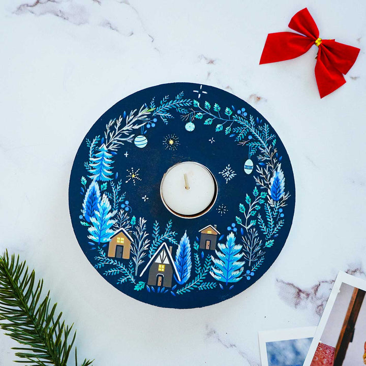 Hand-Painted "Starry Night" Mdf Wood Tealight Holders For Christmas Decoration