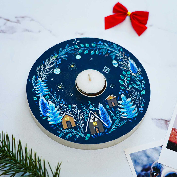 Hand-Painted "Starry Night" Mdf Wood Tealight Holders For Christmas Decoration