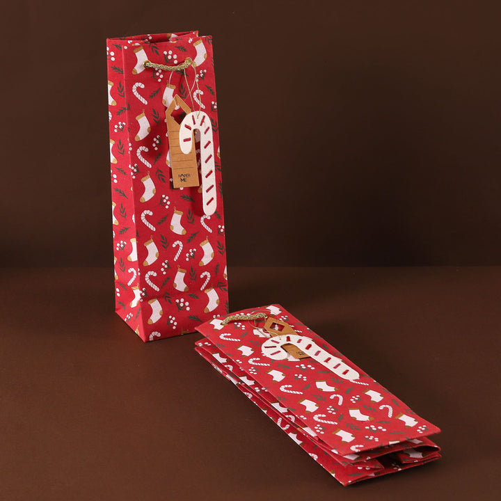 3 Pc | Handmade Red Paper Stocking Wine Bag