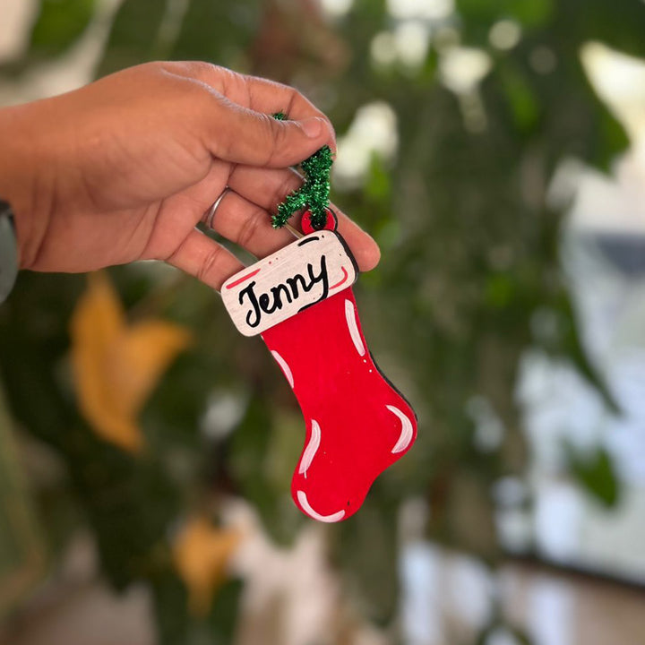 Personalized Hand-Painted Red Stocking Wooden Ornament For Christmas Decoration