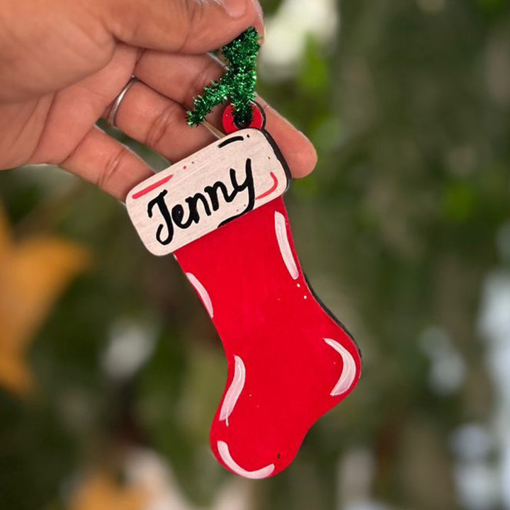 Personalized Hand-Painted Red Stocking Wooden Ornament For Christmas Decoration