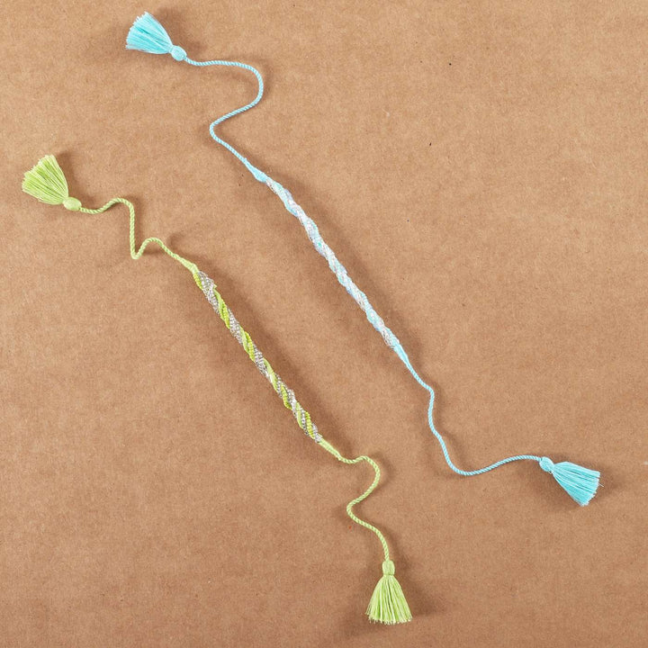 Handmade Beaded Zari Strings Rakhi With Roli Chawal | Set of 2