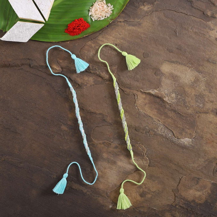 Handmade Beaded Zari Strings Rakhi With Roli Chawal | Set of 2