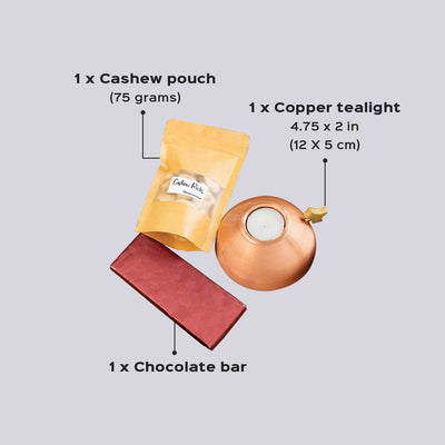Copper & Brass Kaju Tealight Hamper with Cashew Treats