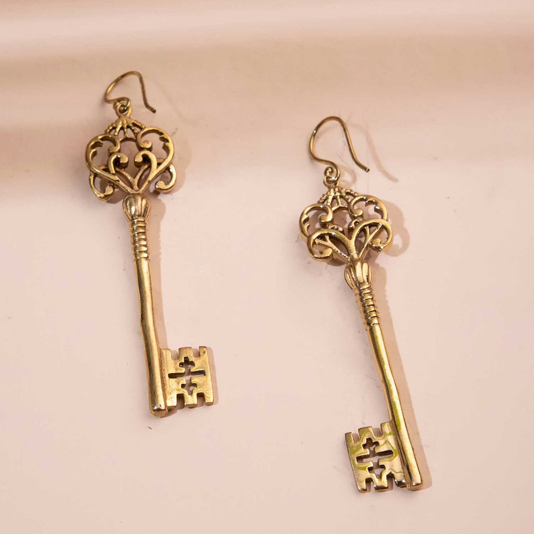Vintage Handcrafted Key Silver/ Gold Plated Brass Earrings