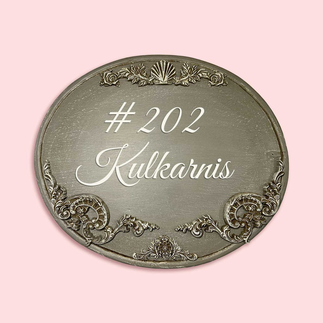 Handpainted Baroque Wood Resin Personalized Name Plate 3 - Front View on Pink Background
