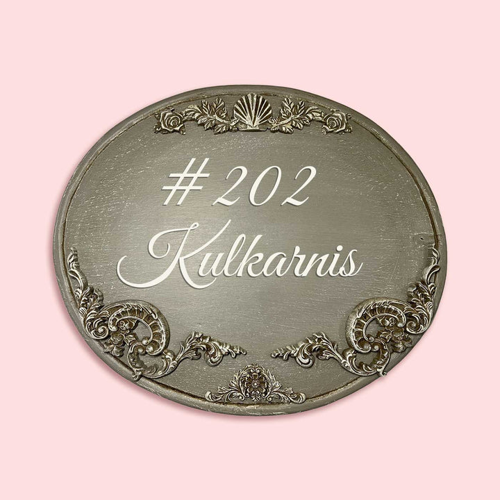 Handpainted Baroque Wood Resin Personalized Name Plate 3 - Front View on Pink Background
