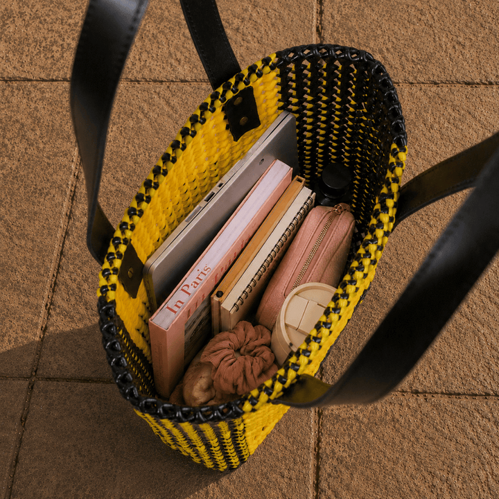 Yellow & Black Personalized Monogram Handmade Wire Koodai Tote Bag