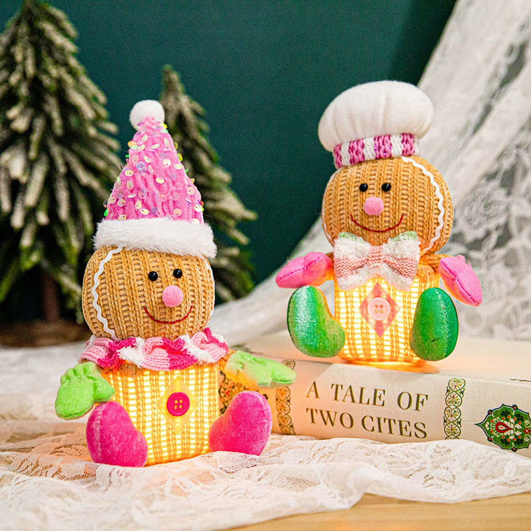 4 Pc | Handmade Sugar Frost Gingerbread Family Plush Figurine With Light