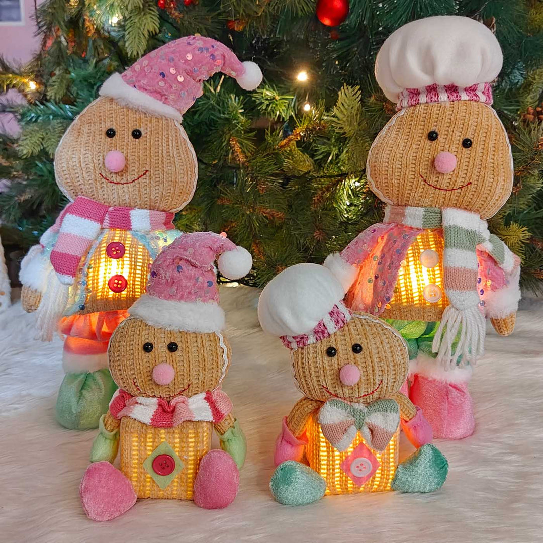 4 Pc | Handmade Sugar Frost Gingerbread Family Plush Figurine With Light