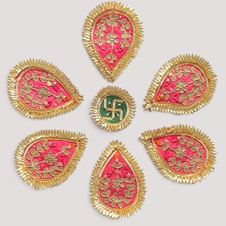 7 Pc | Handmade Suman Gota Patti Pink Floral Swastik Rangoli for Pooja & Festive Decor