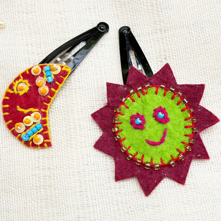 Handmade Maroon & Pink Sun Moon Hair Clips | Set of 2
