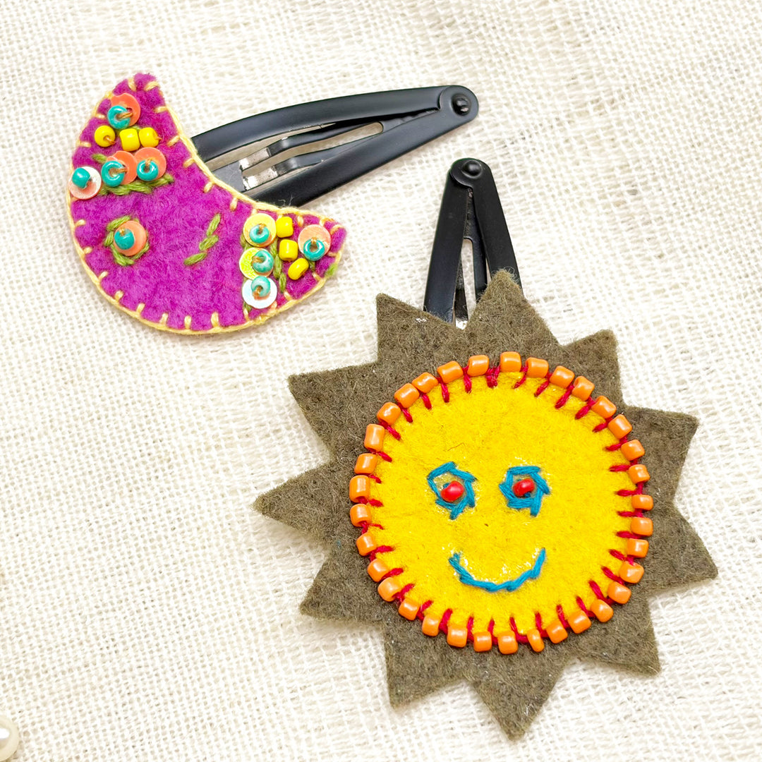 Handmade Yellow & Rani Pink Sun Moon Hair Clips | Set of 2