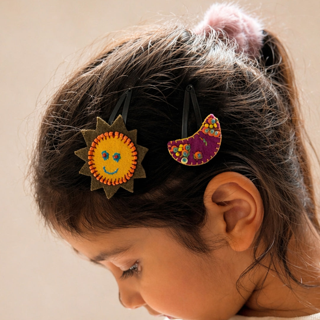 Handmade Yellow & Rani Pink Sun Moon Hair Clips | Set of 2