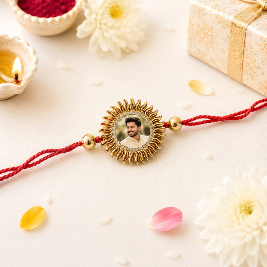 Personalized Handmade "Sun" Photo Rakhi With Roli Chawal For Brother