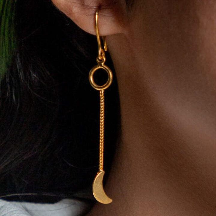 Handmade Sun And Moon Triangular Brass Earrings