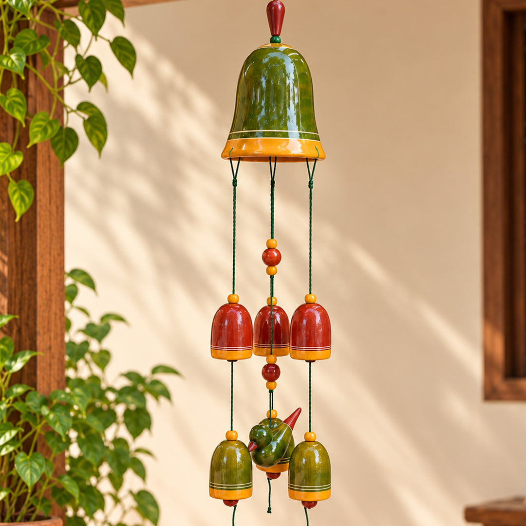 Handcrafted Channapatna Lacquered Wooden Bells Wind Chime Hanging With Bird Motif