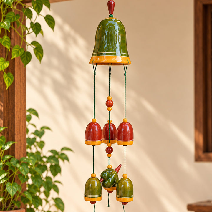 Handcrafted Channapatna Lacquered Wooden Bells Wind Chime Hanging With Bird Motif