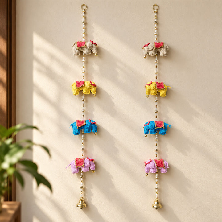 2 pc | Handmade Elephant Theme Crochet Wall Hanging with Bells & Ghungroo