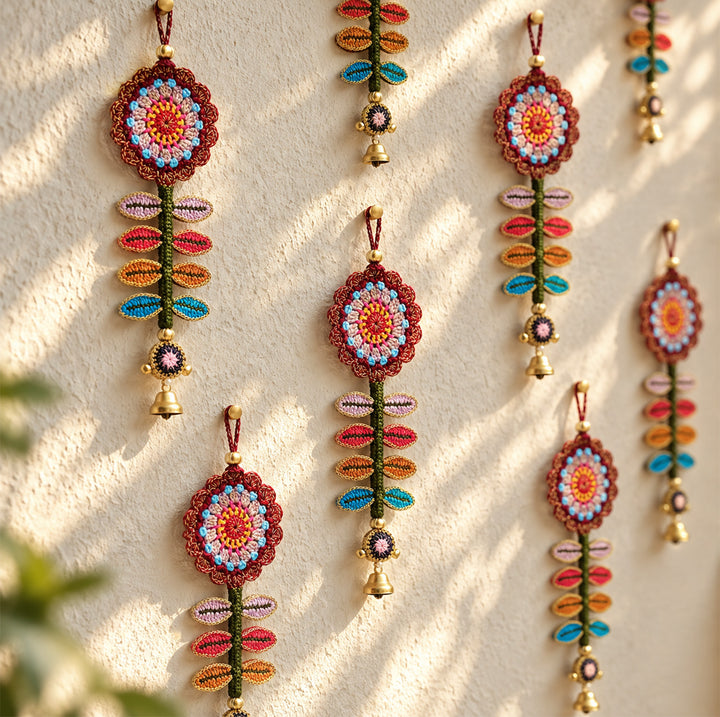 2 pc | Handmade Floral Motif Crochet Wall Hanging with Bells & Ghungroo