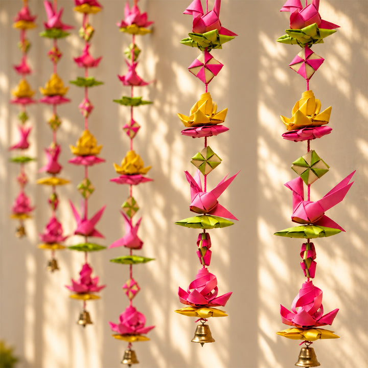 2 Pc | Handwoven Palm Leaf Lotus & Bird Wall Hanging With Bells