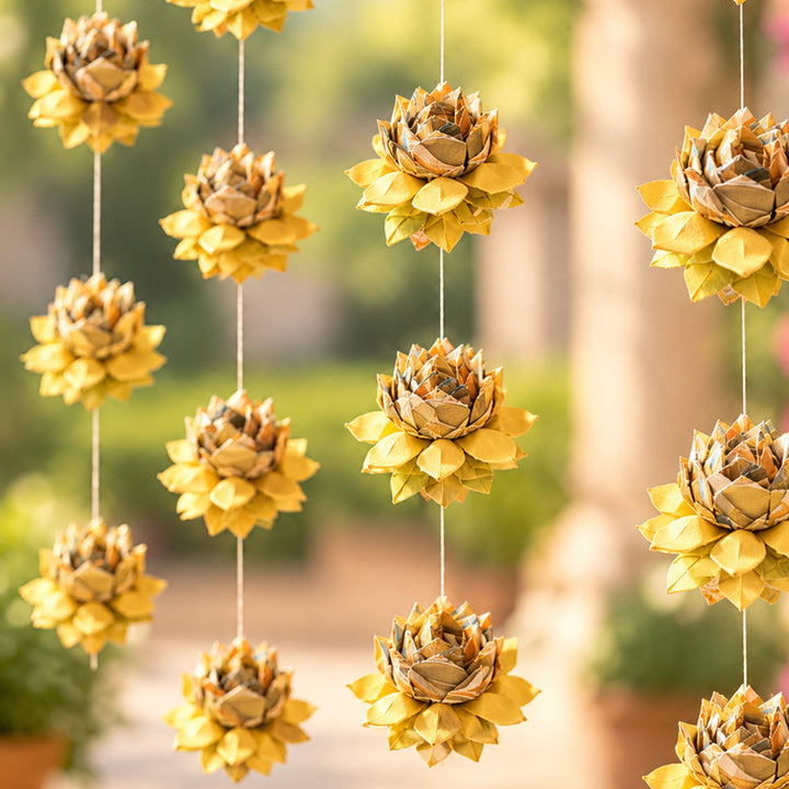2 Pc | Hand-Marbled Origami Lotus Hanging in Tree-Free Paper - Beige Multicolour & Yellow