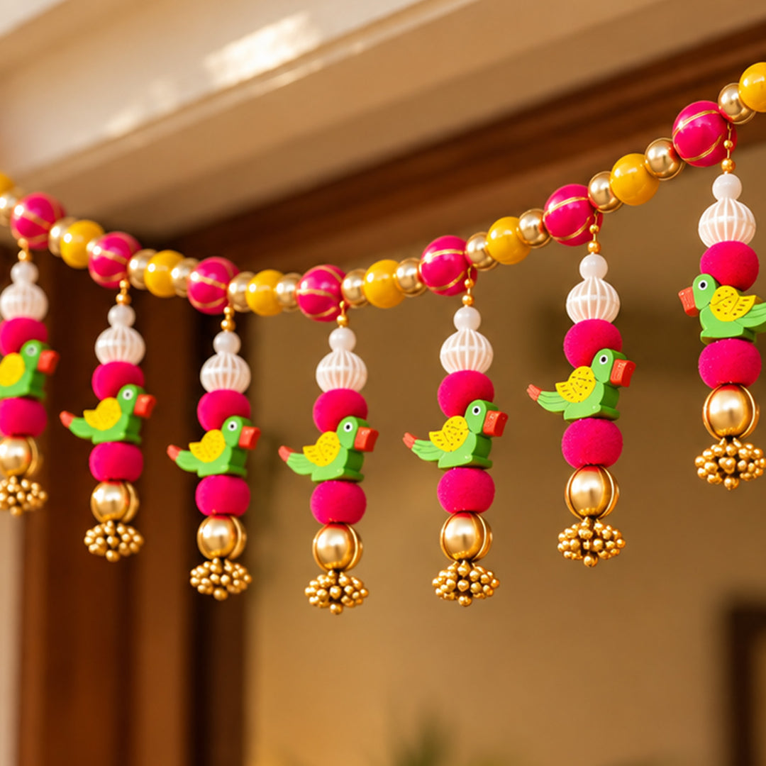 Handmade Thread Work Peacock Toran with Pom Pom Balls & Beads