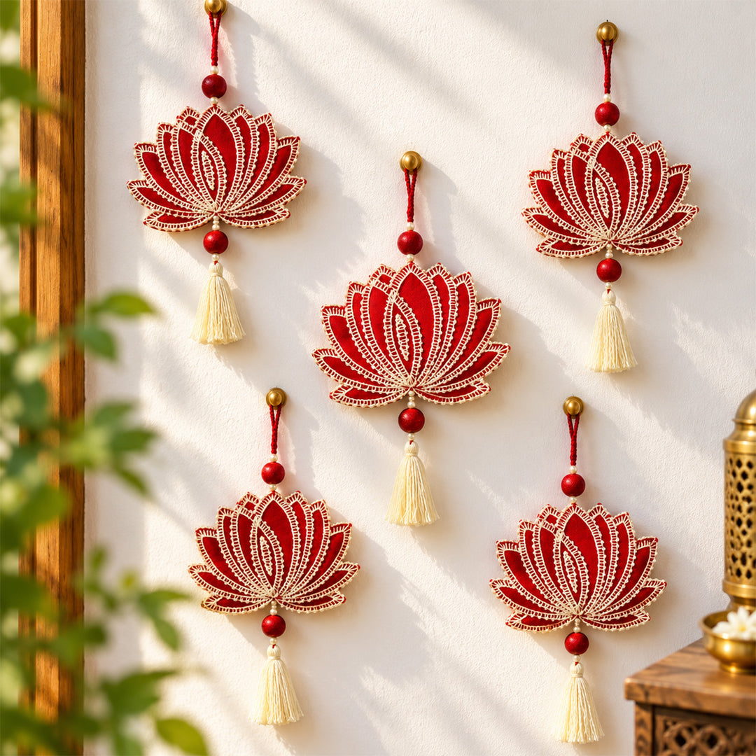 Hand Embroidered Aipan Art Kalpana Lotus Hanging with Glass Beads