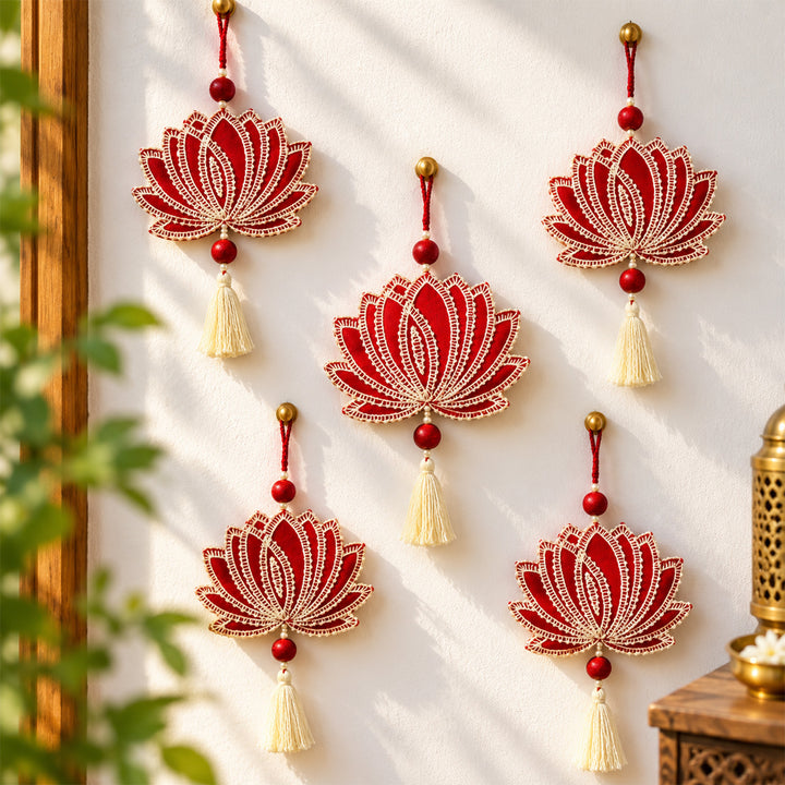 Hand Embroidered Aipan Art Kalpana Lotus Hanging with Glass Beads