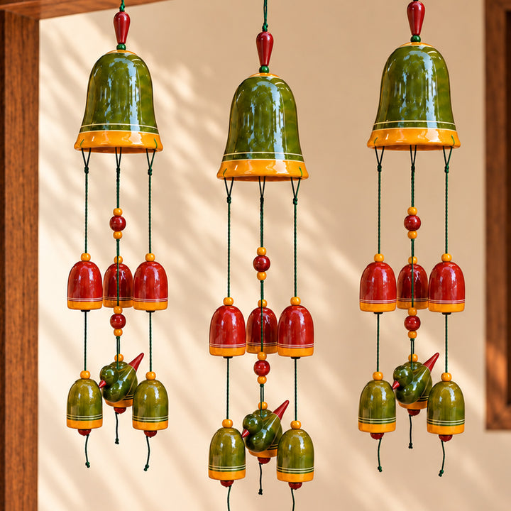 Handcrafted Channapatna Lacquered Wooden Bells Wind Chime Hanging With Bird Motif