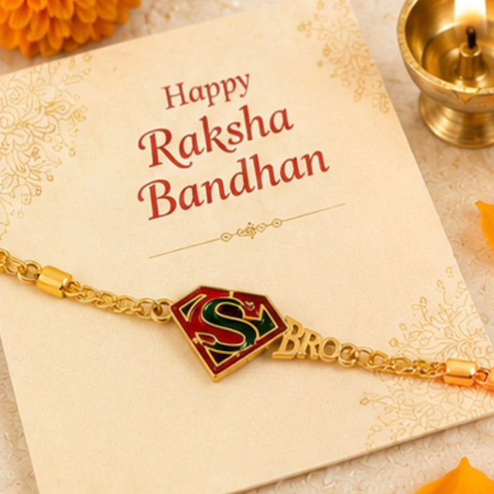 Handmade Superman BRO Metal Bracelet Rakhi With Roli Chawal For Brother