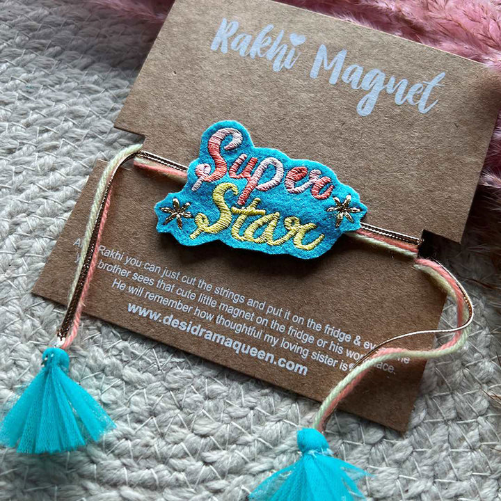 Handmade Reusable Super Star Felt Rakhi For Brother - Close-up on Product and Card