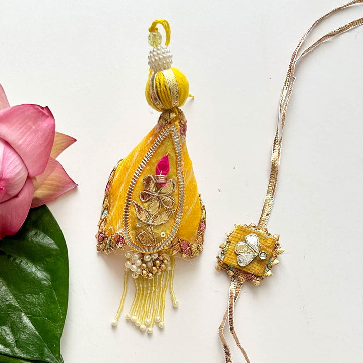 Handcrafted Gota Patti "Surya" Couple Rakhi & Lumba Set With Roli Chawal for Bhaiya Bhabhi