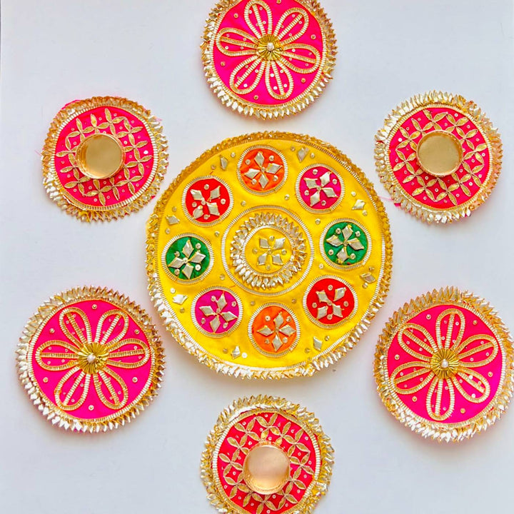 Handmade Gota Patti Yellow Round Geometry Rangoli