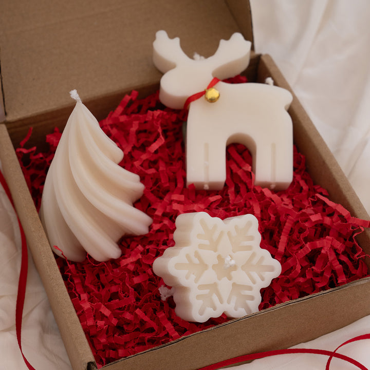 3 Pc | Handmade Swirl Tree, Reindeer & Snowflake Soy Wax Candles