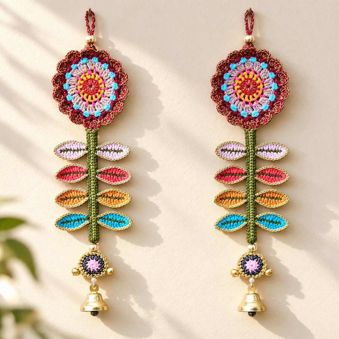 2 pc | Handmade Floral Motif Crochet Wall Hanging with Bells & Ghungroo