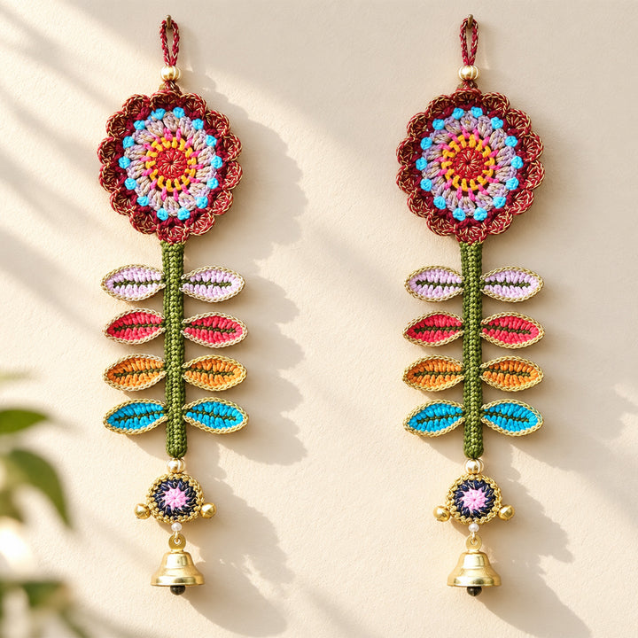 2 pc | Handmade Floral Motif Crochet Wall Hanging with Bells & Ghungroo