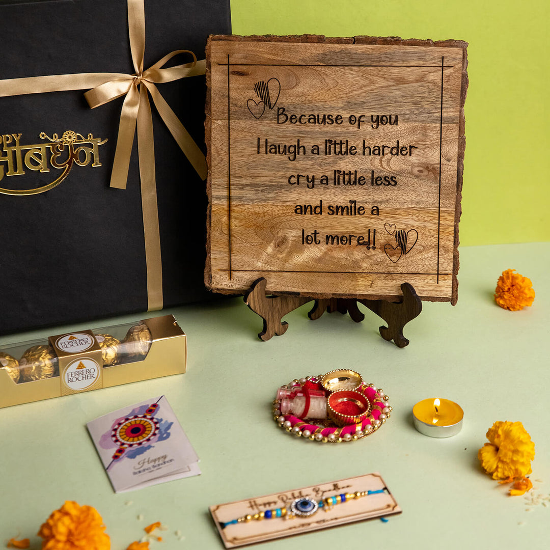 Copy Of Because Of You I Laugh A Little More Wooden Plaque Personalized Wedding Gift - Wood Plaque with Rakhi Gift Set